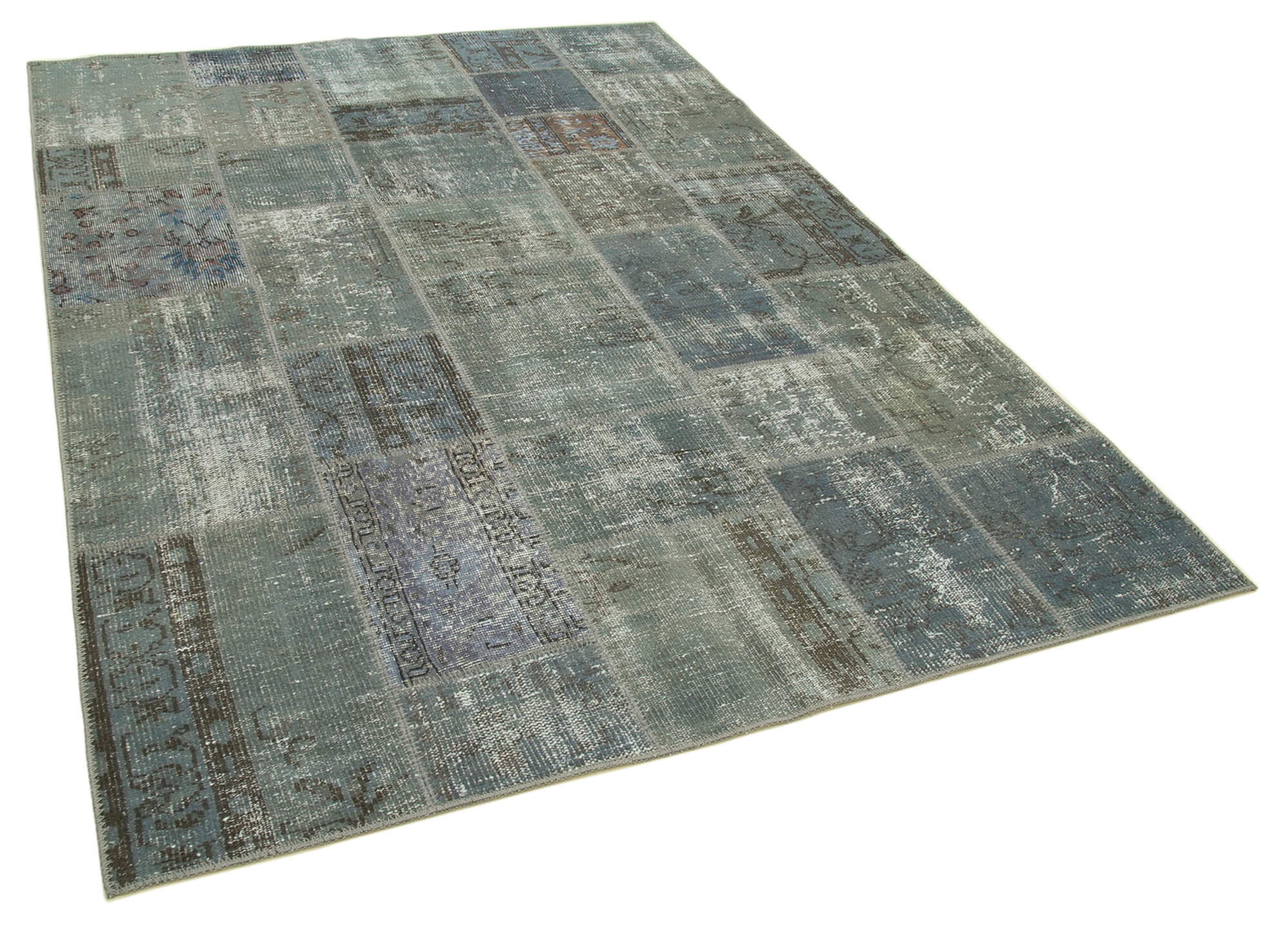 Hand-knotted oriental overdyed 174 cm x 240 cm grey patchwork carpet