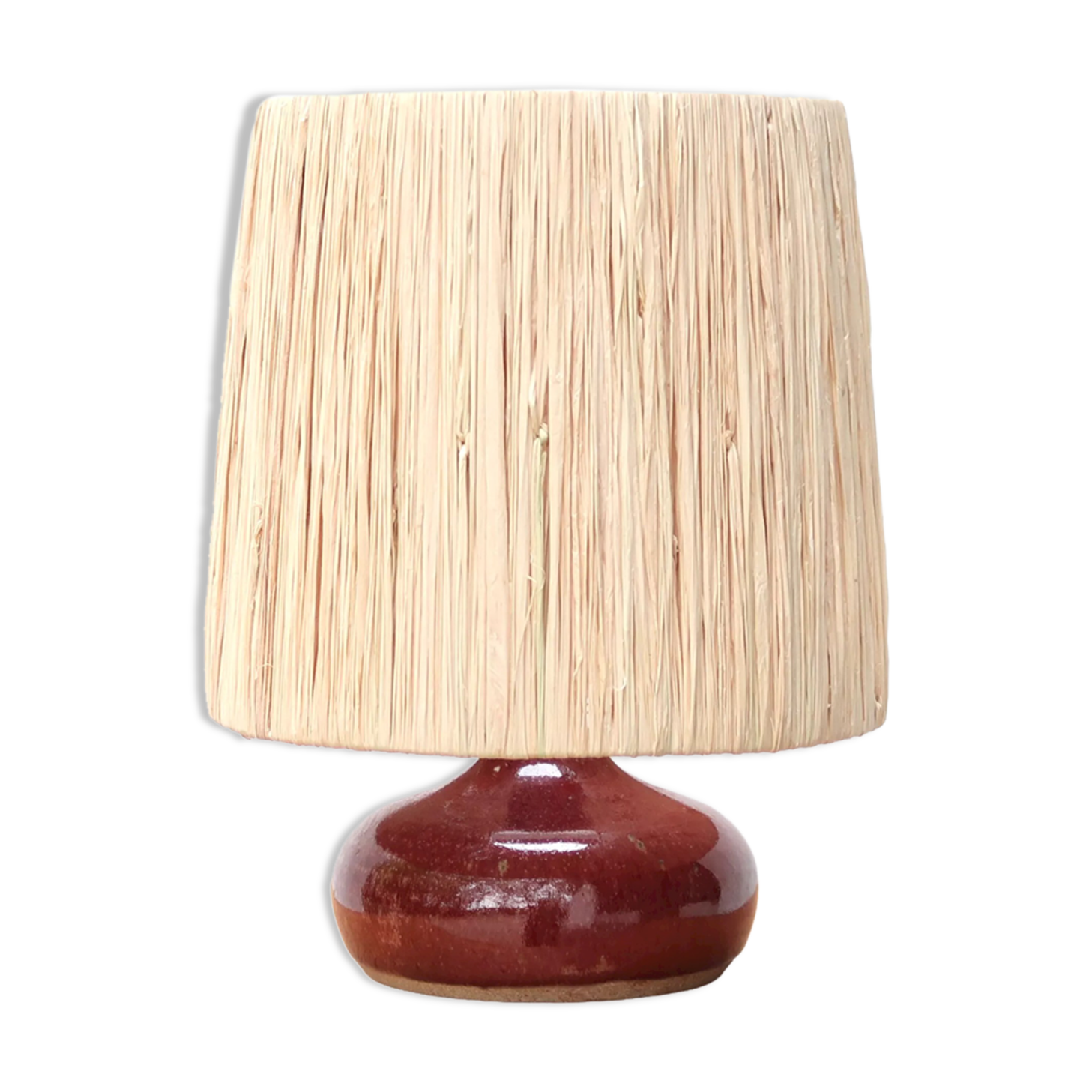 Pink ceramic lamp, raffia lampshade, 70s