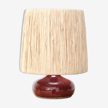 Lampe rose en céramique abat jour en raphia années 70