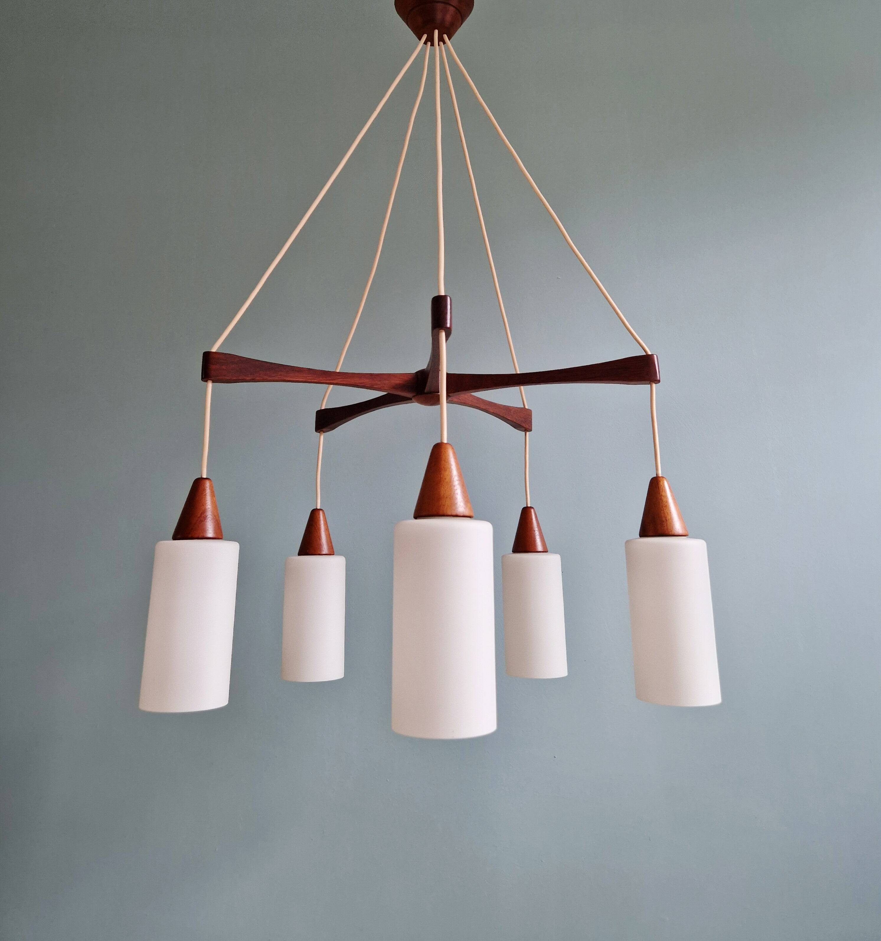 Large Scandinavian chandelier in teak and tubular white opaline, 1960.