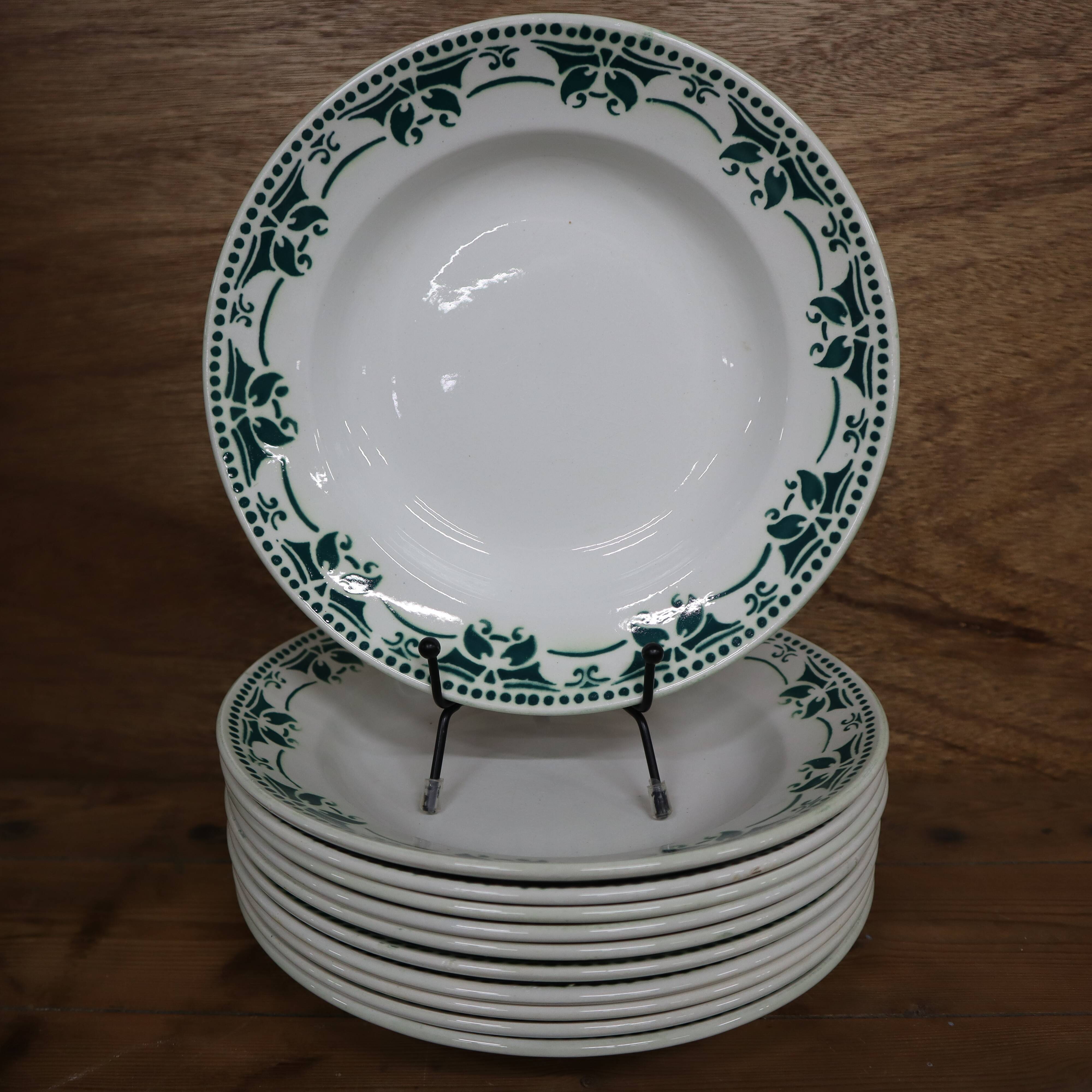 11 white and green earthenware soup plates from Saint Amand Terre de Fer