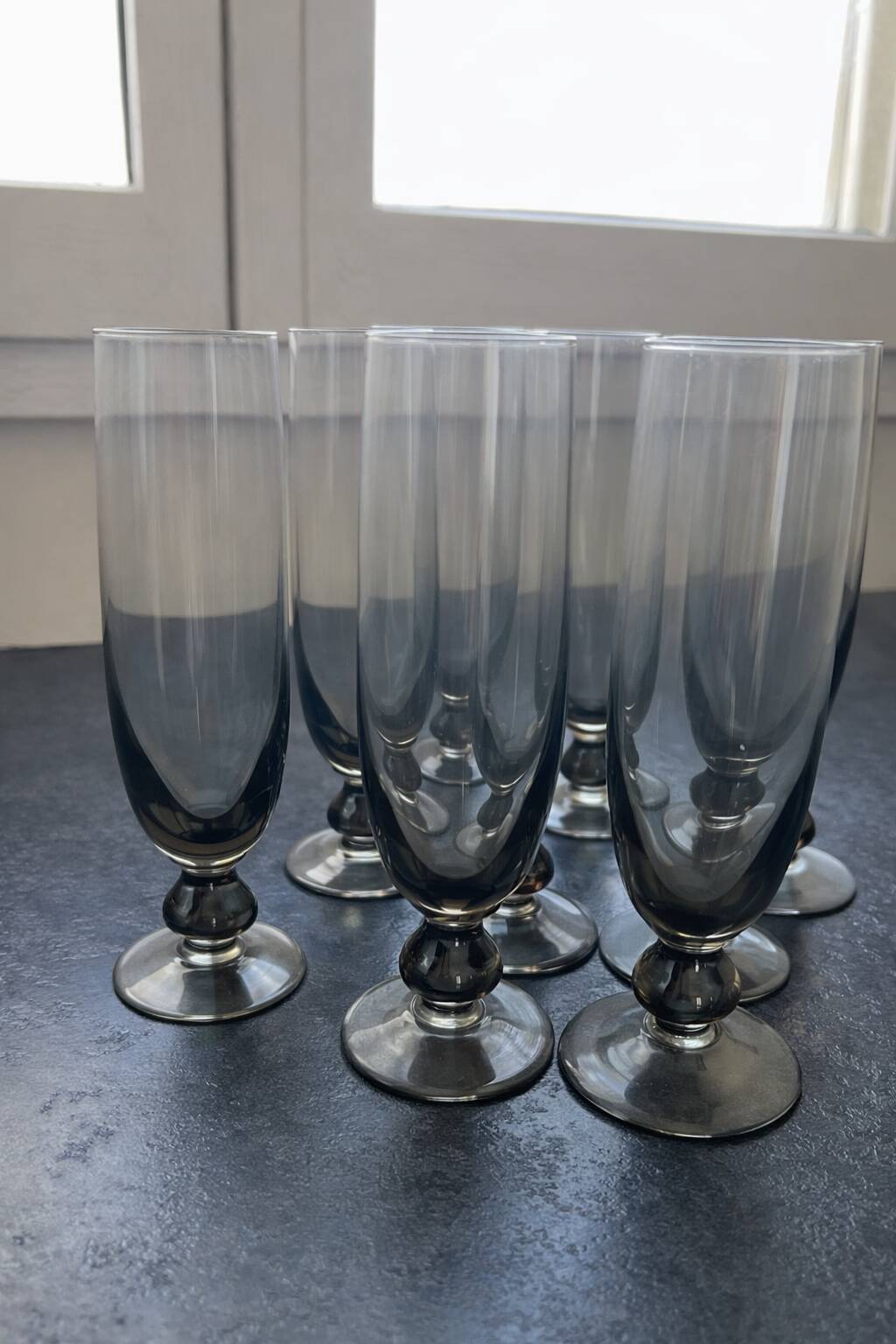 Set of 9 vintage champagne flutes (tinted glass)