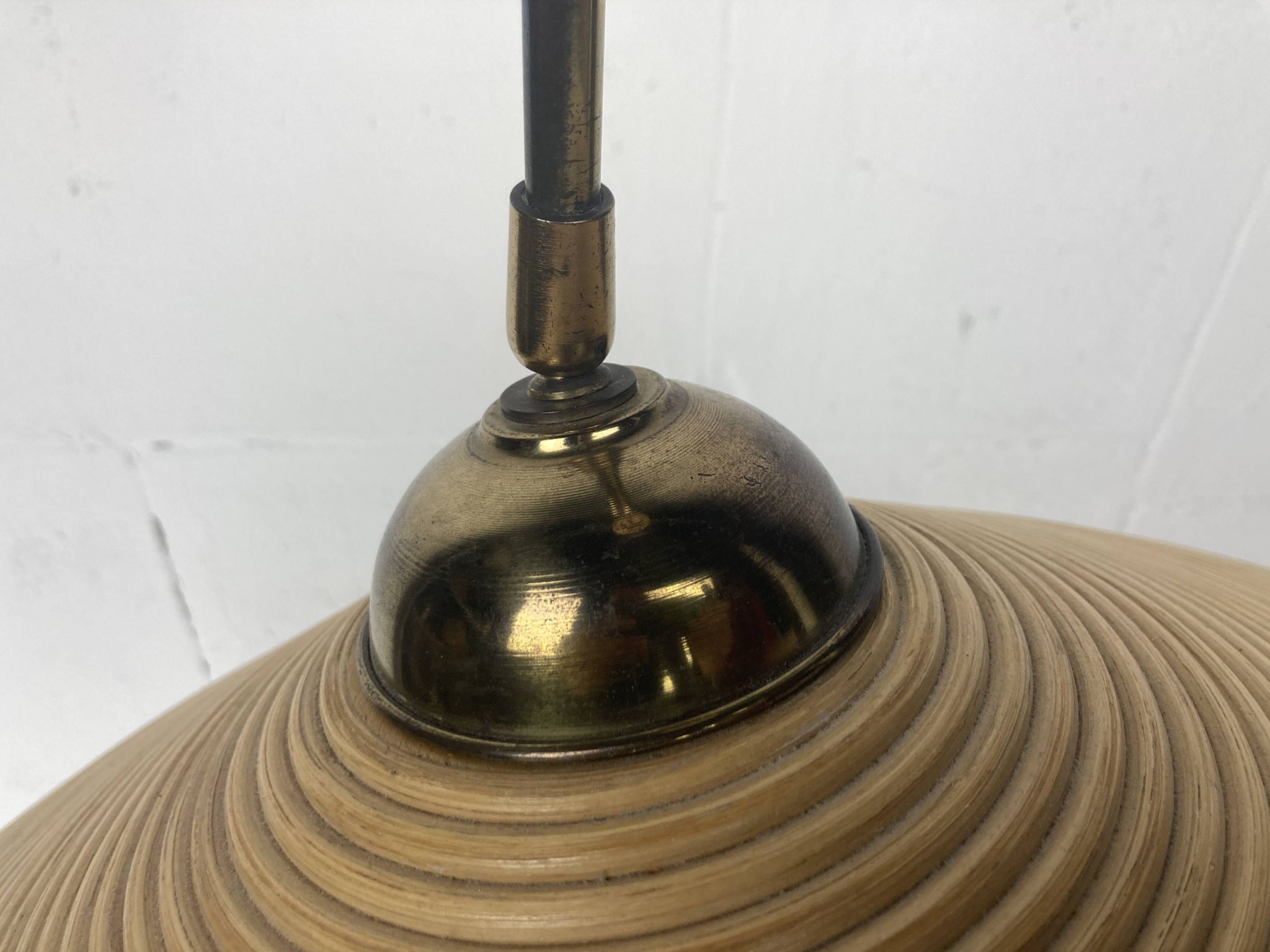 Telescopic brass and pencil reed rattan bamboo hanging pendant lamp, Italy 1970s