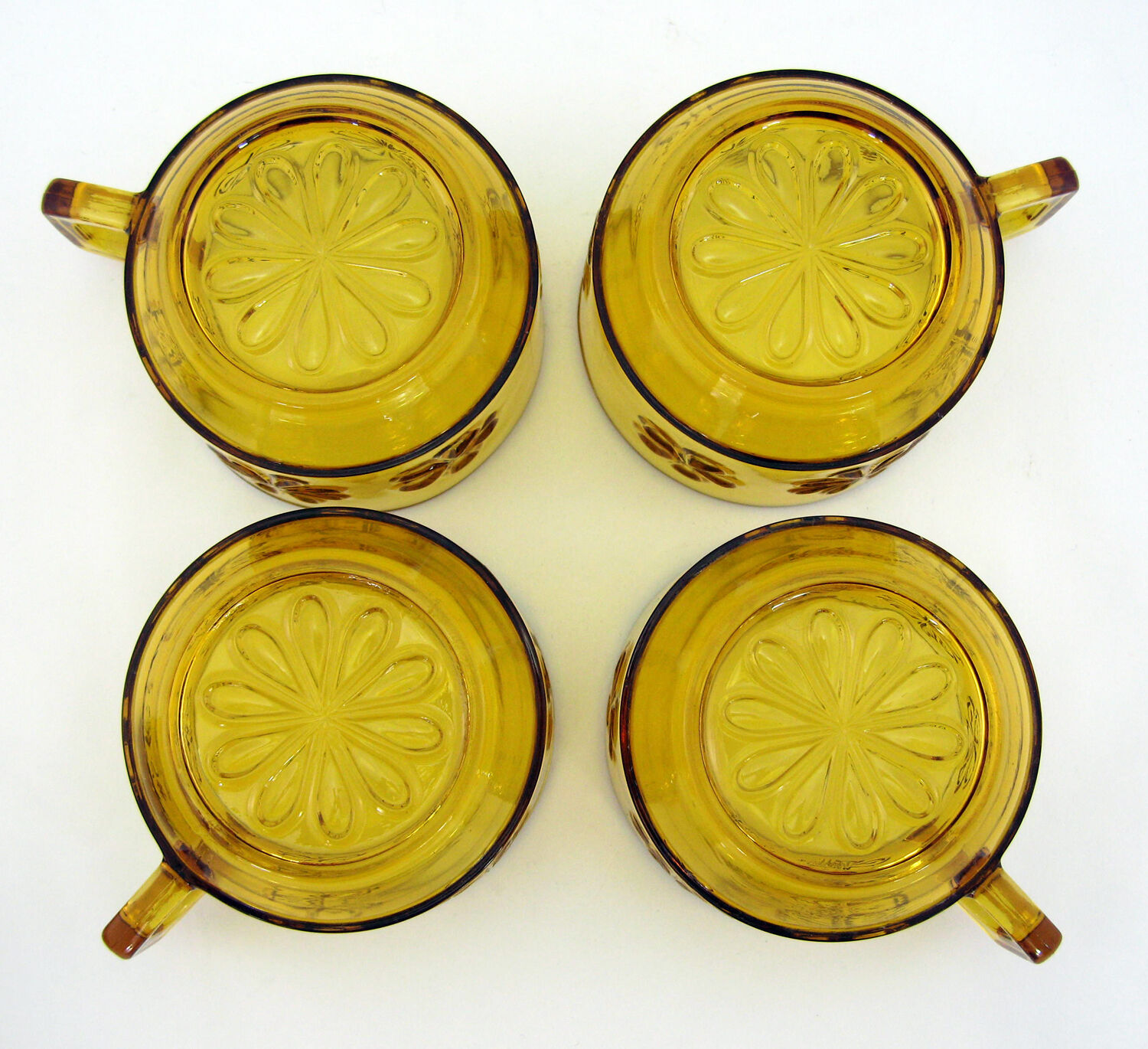4 large amber yellow glass cups, floral décor, Daisy Vereco France, vintage 70s