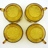 4 large amber yellow glass cups, floral décor, Daisy Vereco France, vintage 70s