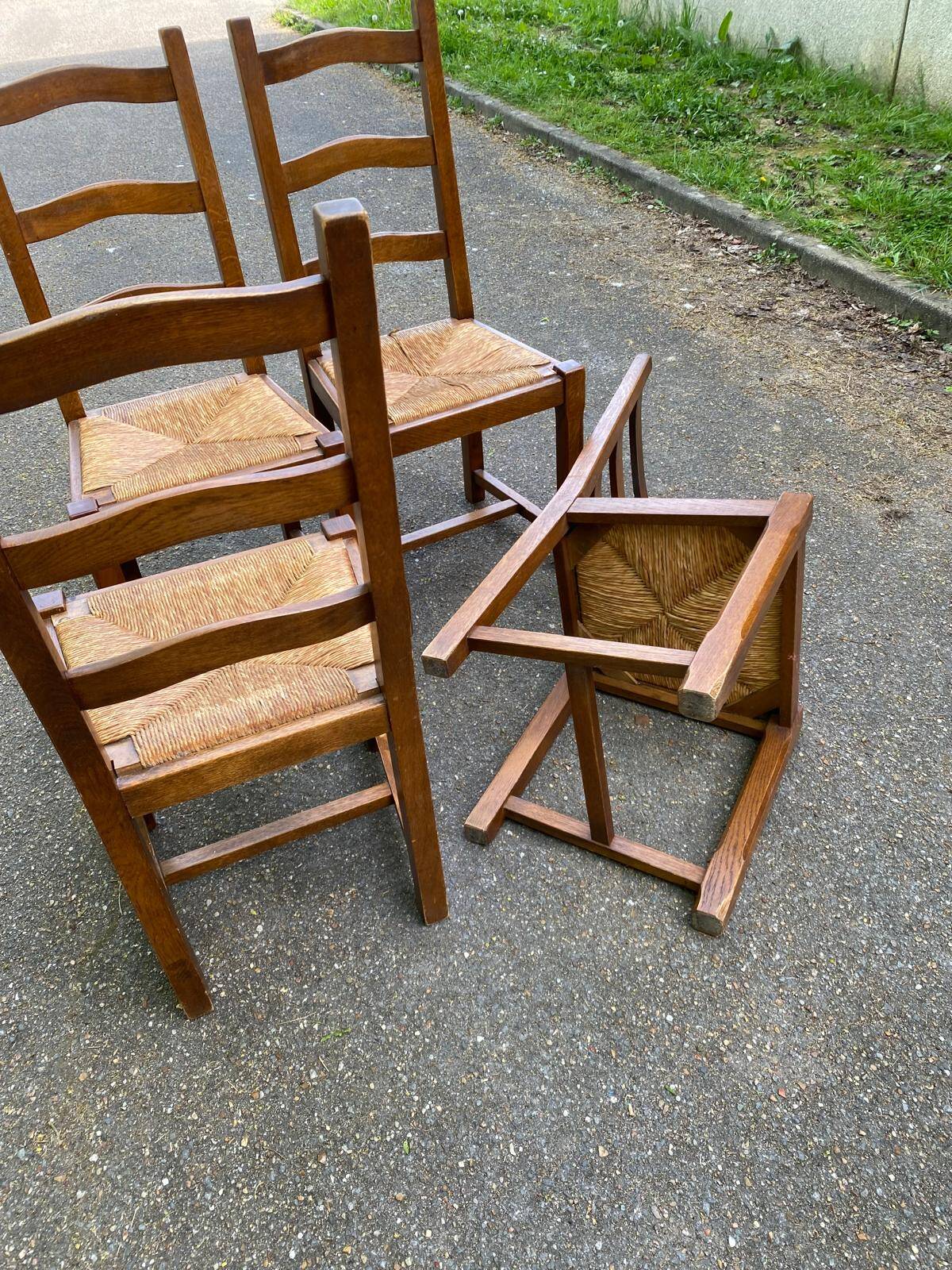 4 dining chairs made of solid wood with straw seats, farmhouse style, medium oak, 1960, 100cm.
