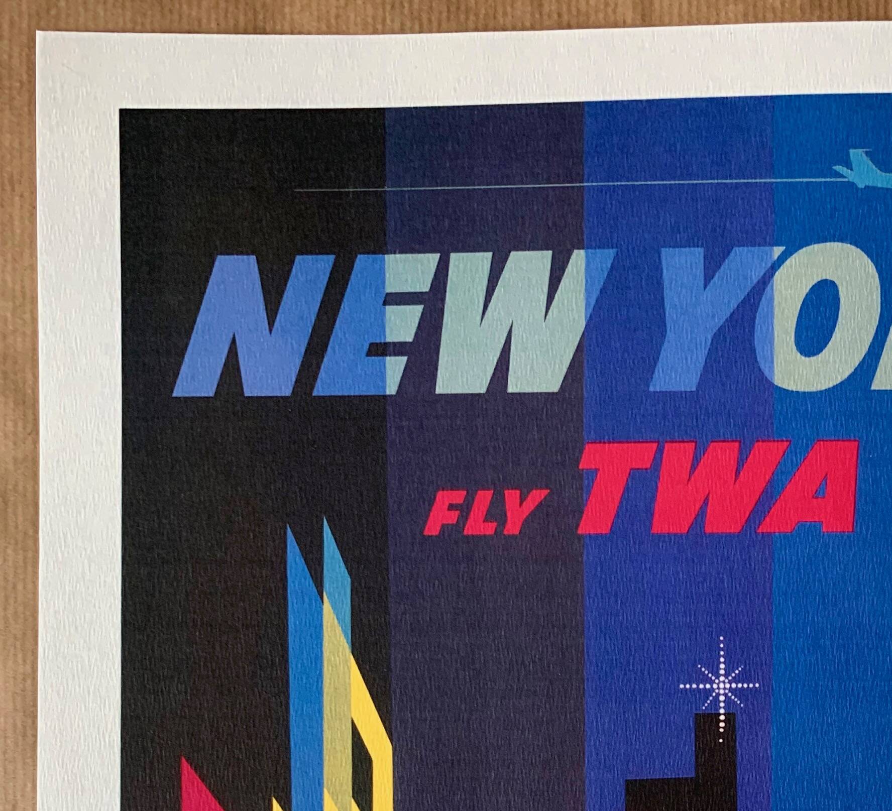 "Fly Twa New York" print by artist David Klein, California, 1960