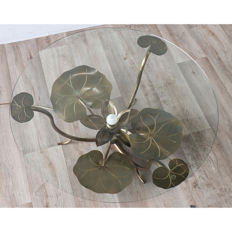 Illuminated vintage coffee table decorated with brass water lilies 1970