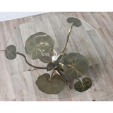 Illuminated vintage coffee table decorated with brass water lilies 1970