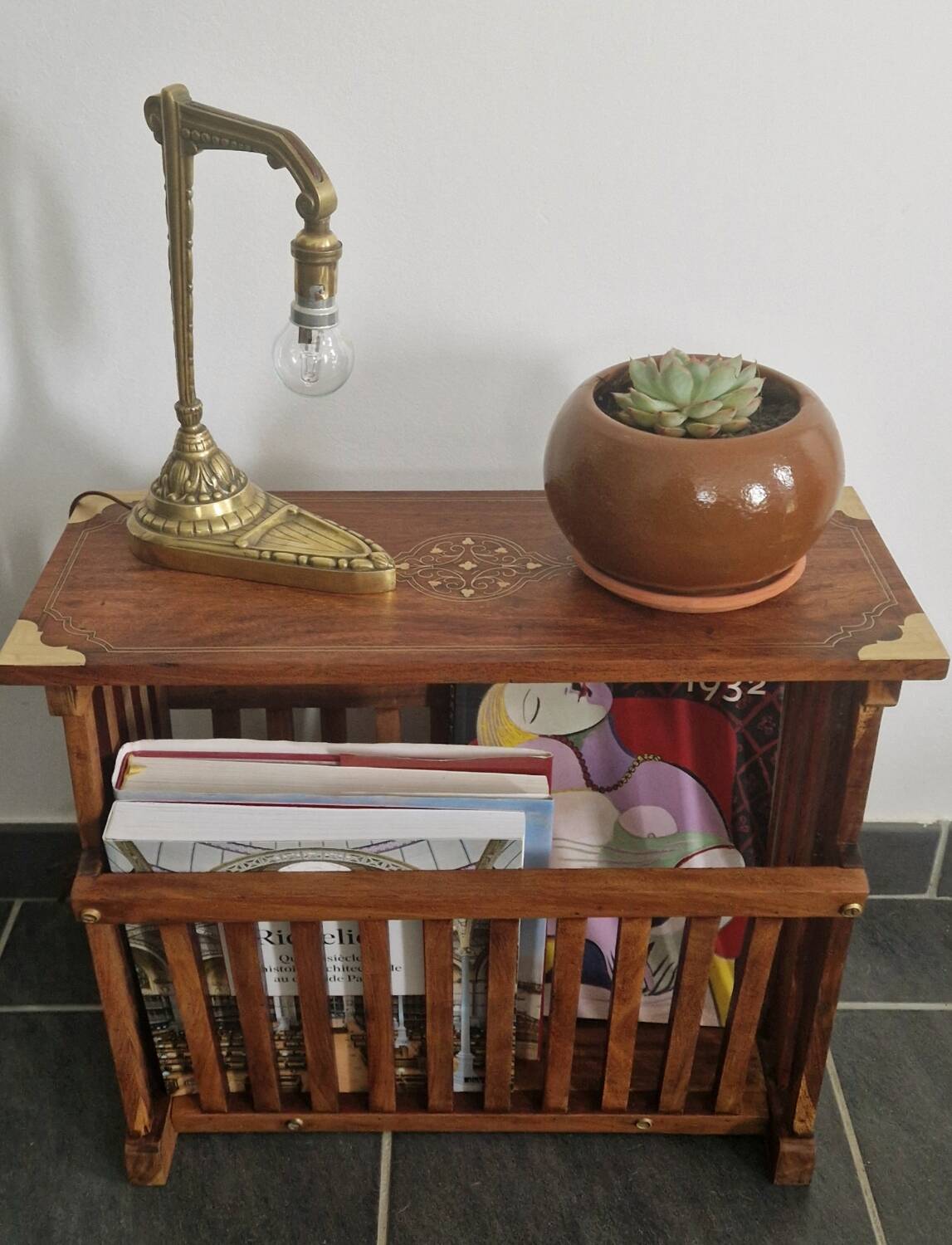Rosewood and brass magazine stand table
