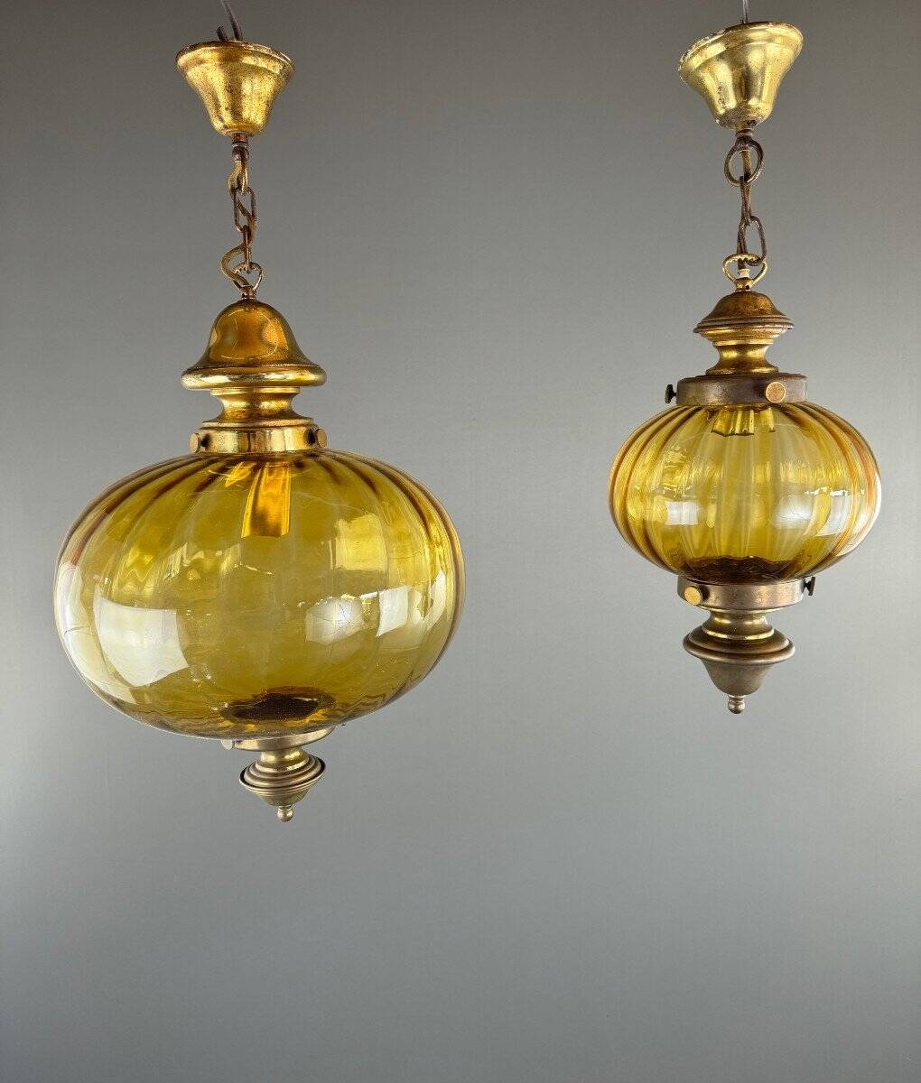 Pair of vintage amber blown glass lantern pendant lights, 20th century