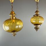 Pair of vintage amber blown glass lantern pendant lights, 20th century