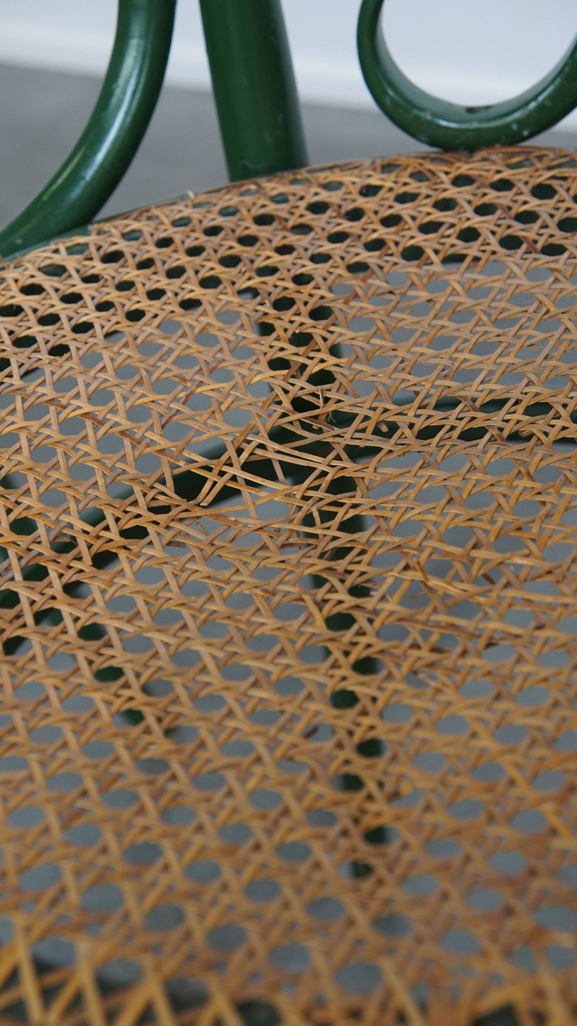 Set of 4 Green Vintage Bistro Chairs with Woven Rattan Seats