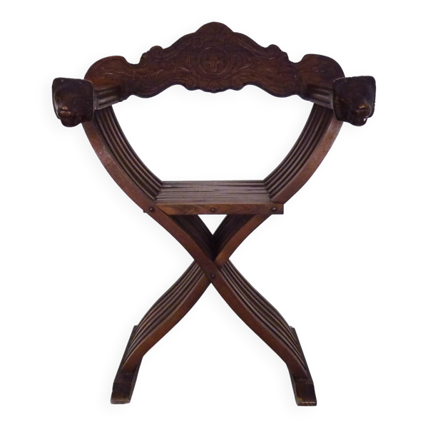 Chaise Savonarola à tête de lion Vintage en bois, Italie, 1950s