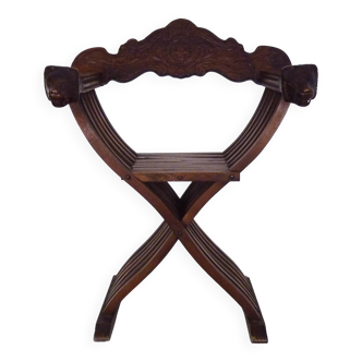 Vintage Savonarola chair with lion head, wood, Italy, 1950s