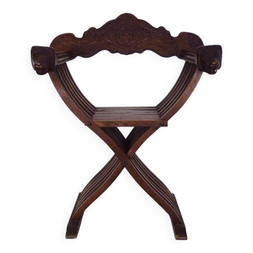Chaise Savonarola à tête de lion Vintage en bois, Italie, 1950s