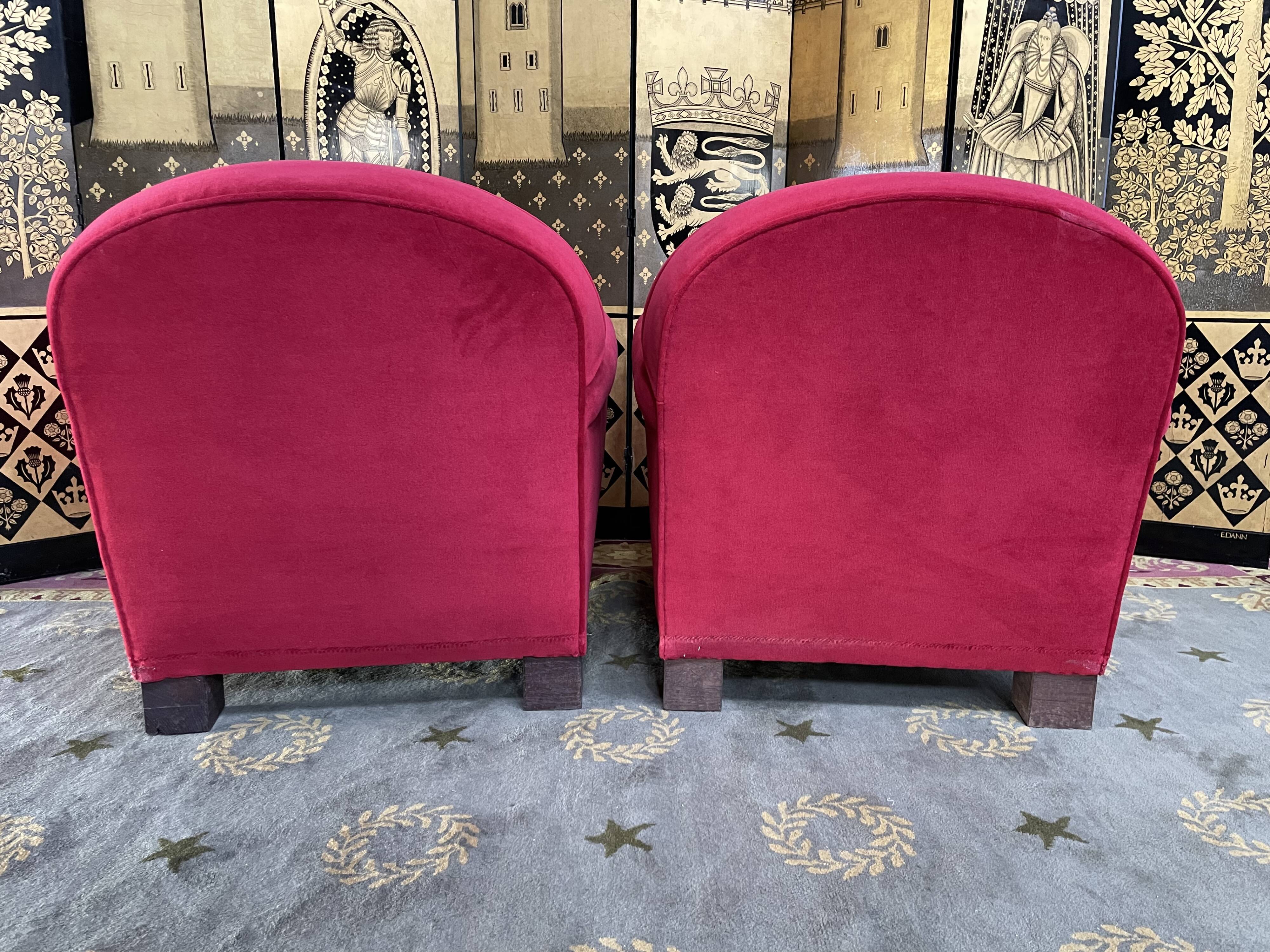 Pair of Red Velvet Art Deco Club Armchairs