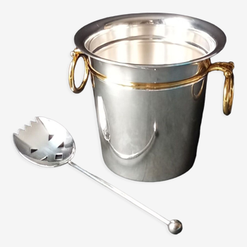 Orfevrerie Vuillermet, silver metal ice bucket and ice cube spoon