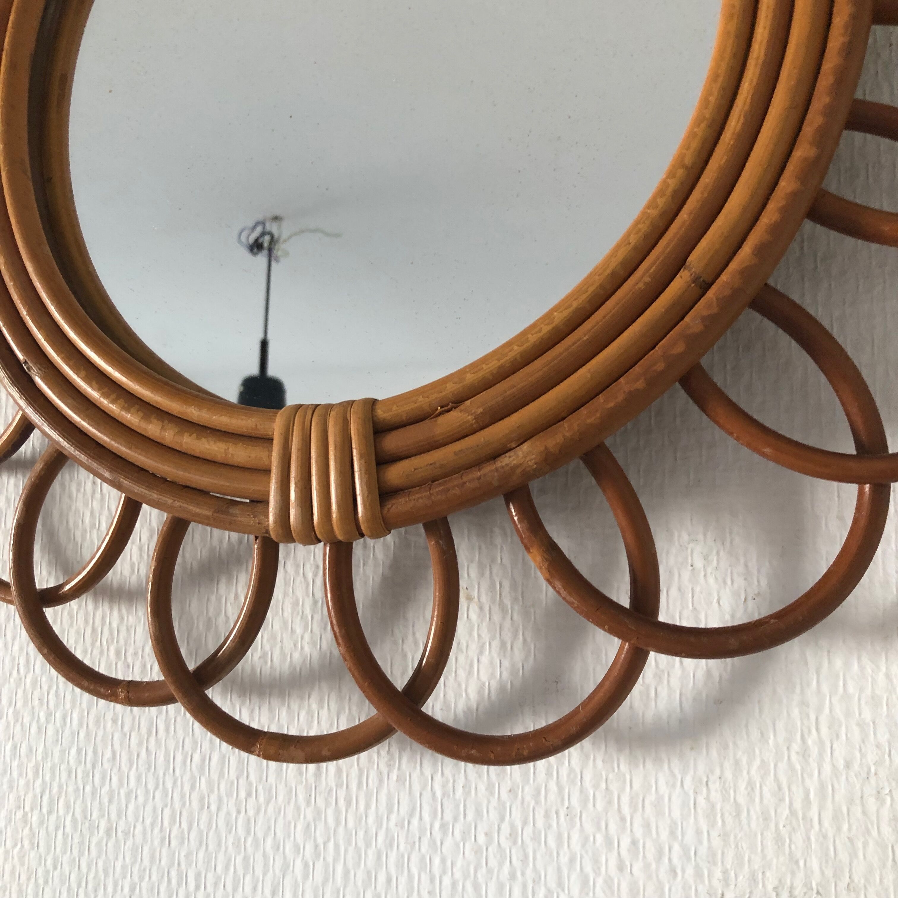 Miroir soleil fleur rotin 43cm vintage 1960