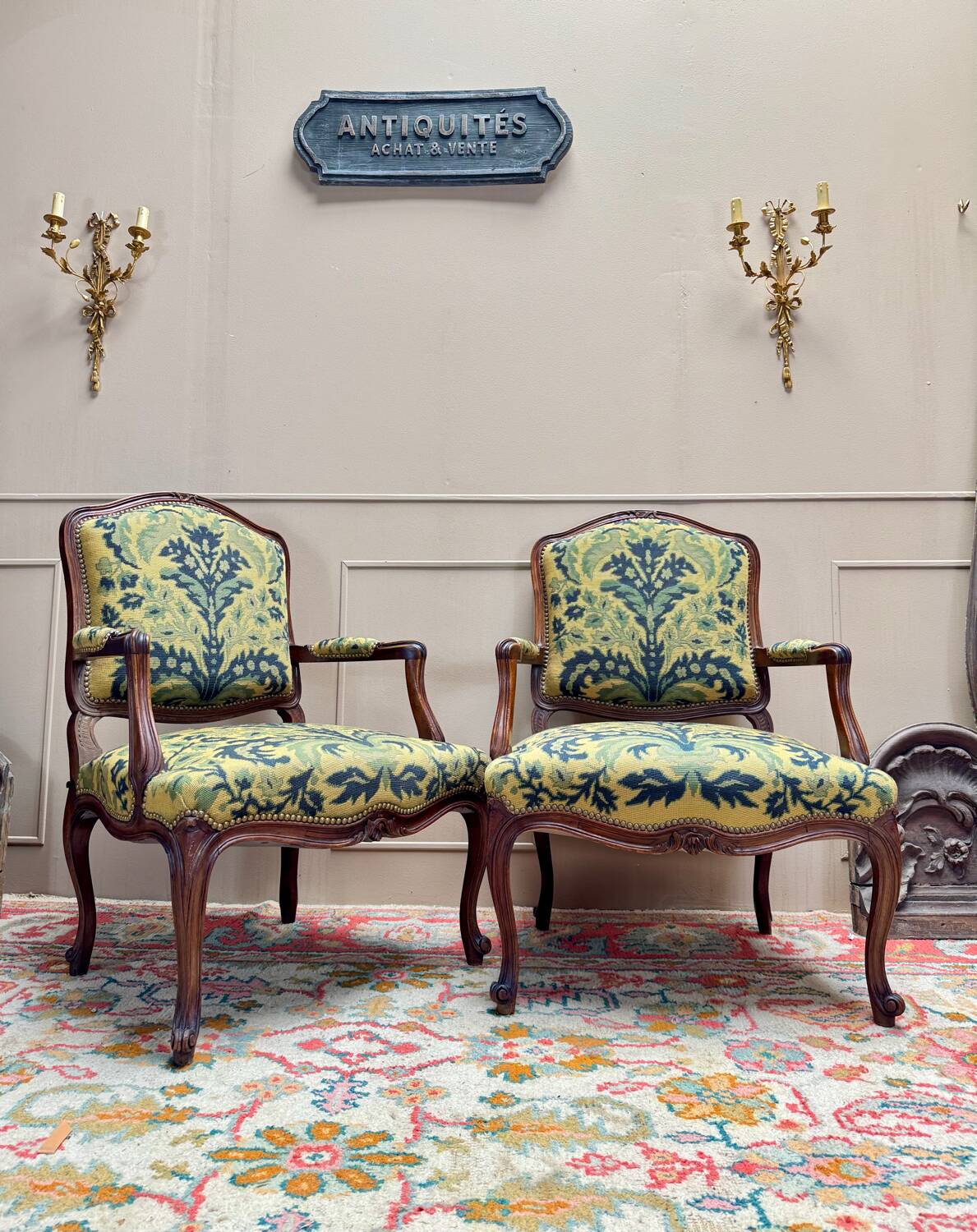 Pair of Louis XV Style Walnut Armchairs, 19th Century