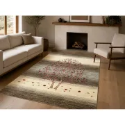 Hand-Knotted Wool Area Rug for Living Room, Tree Design Beige and Brown Carpet