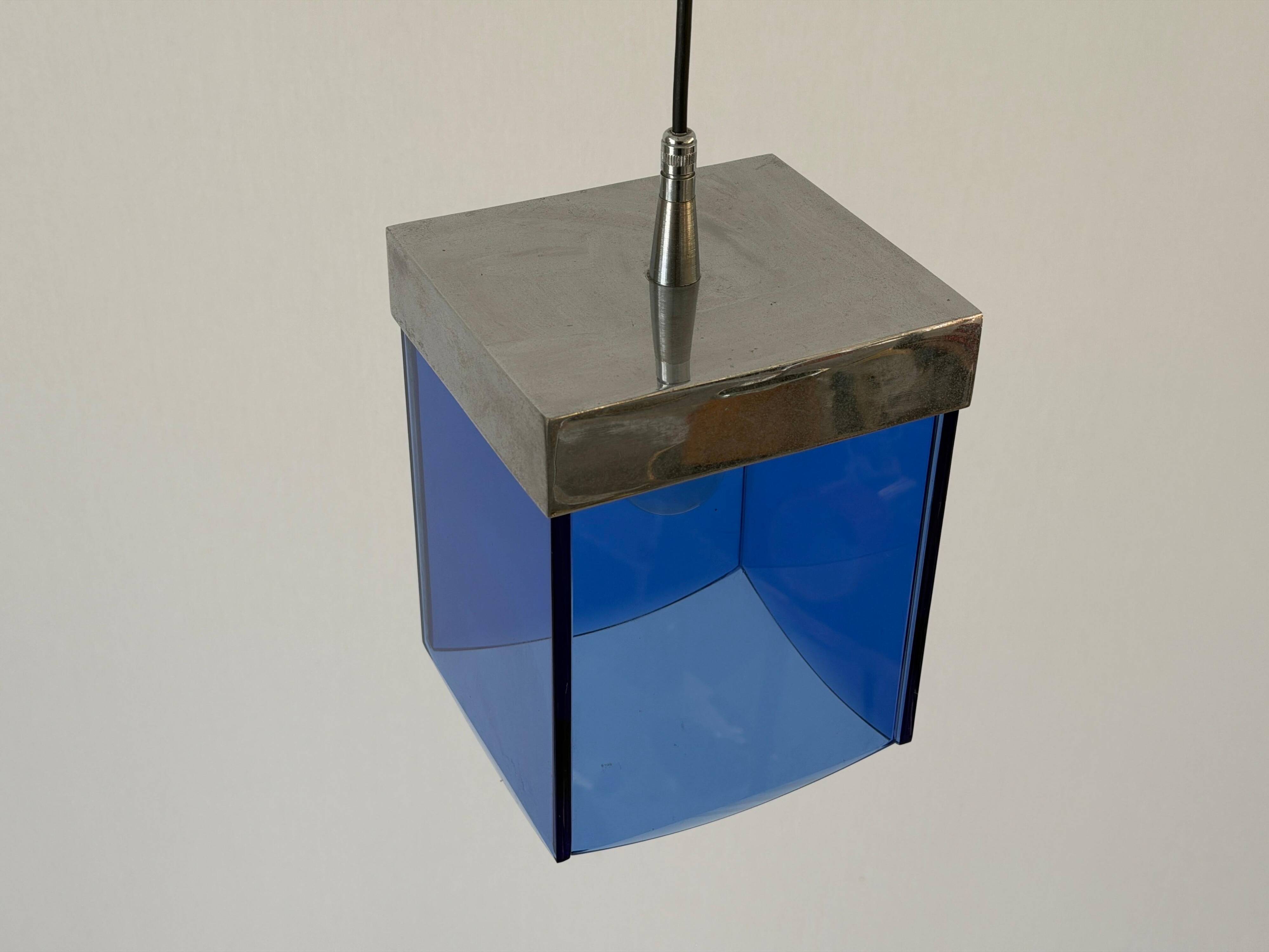 Art Deco ceiling light in blue glass and chrome, 1950s, Italy