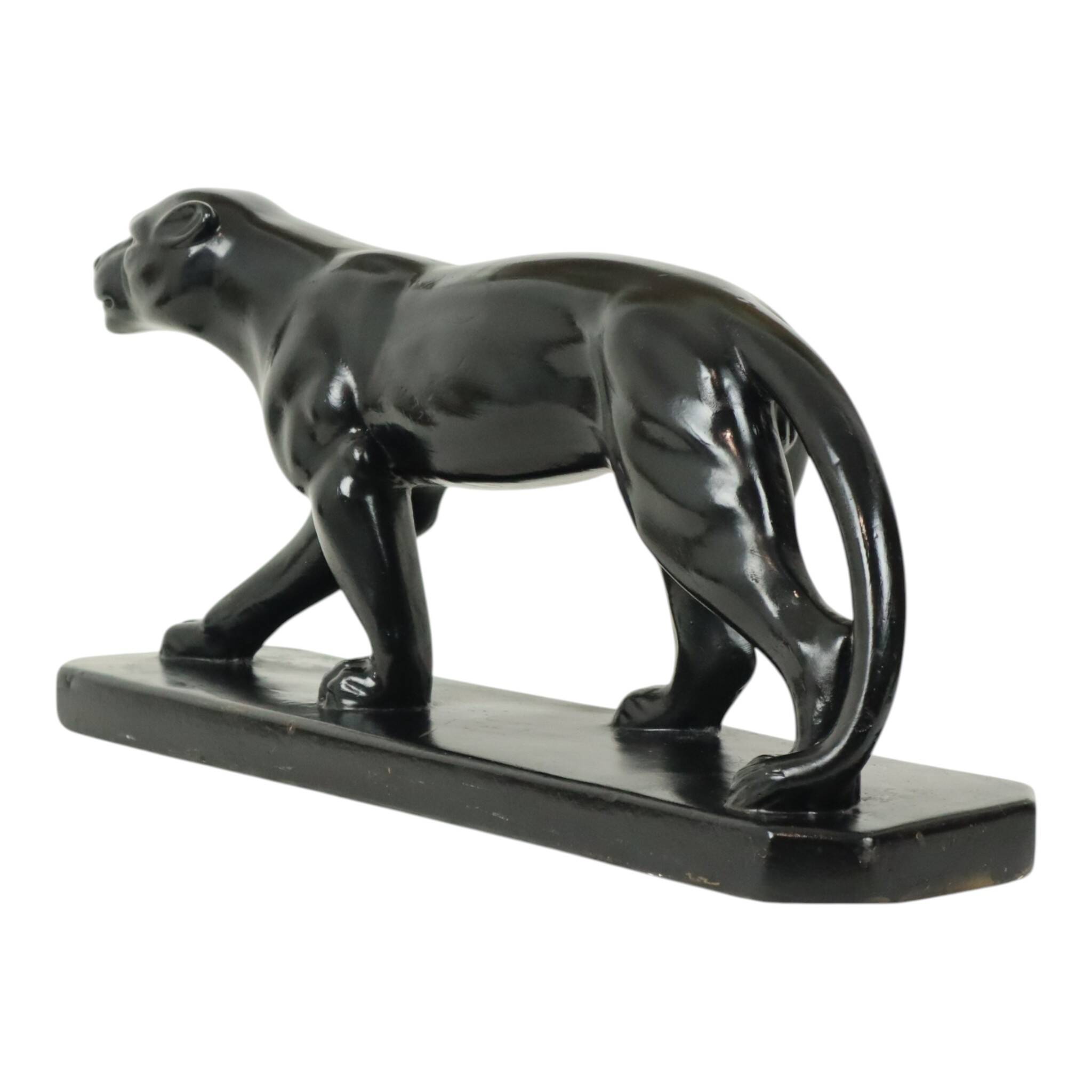 French Art Deco Style Panther Sculpture Black Lacquered Plaster 56cm