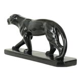 French Art Deco Style Panther Sculpture Black Lacquered Plaster 56cm