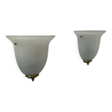 Pair of vintage wall lights, brass and sandblasted glass, France 1970
