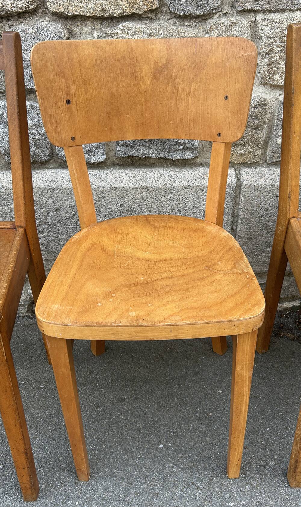 Set of 5 mismatched vintage blond wood bistro chairs