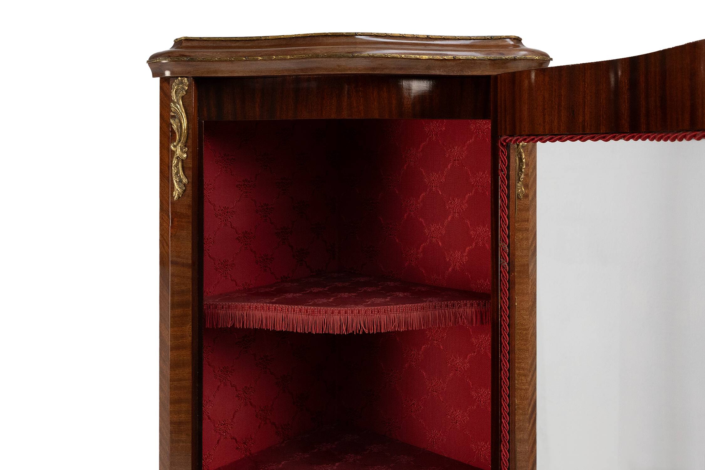 French 20th Century Louis XV style corner display cabinet with arched glass, ca 1950