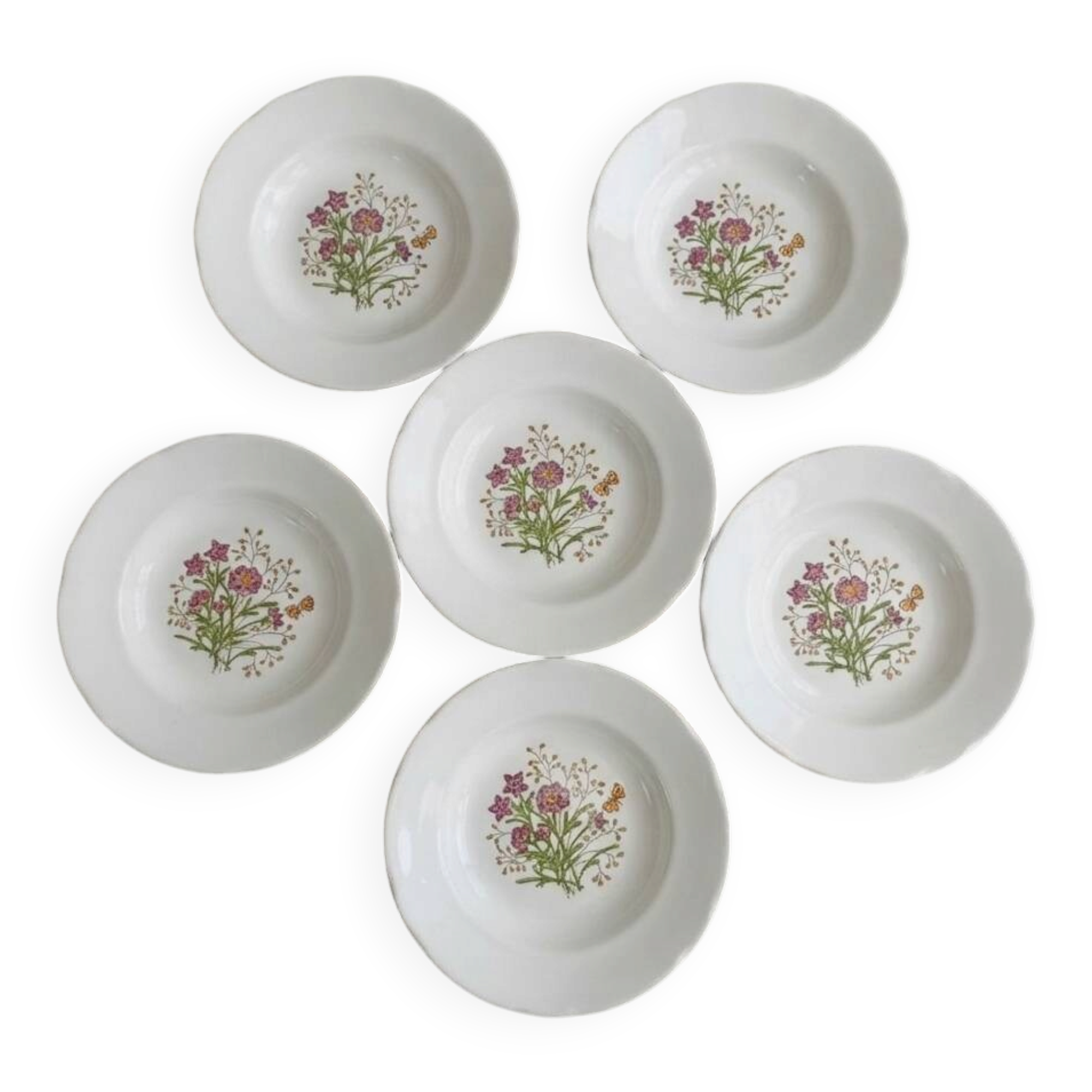 7 assiettes creuses CBM, décor champêtre floral et papillon, 1988