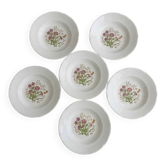 7 assiettes creuses CBM, décor champêtre floral et papillon, 1988