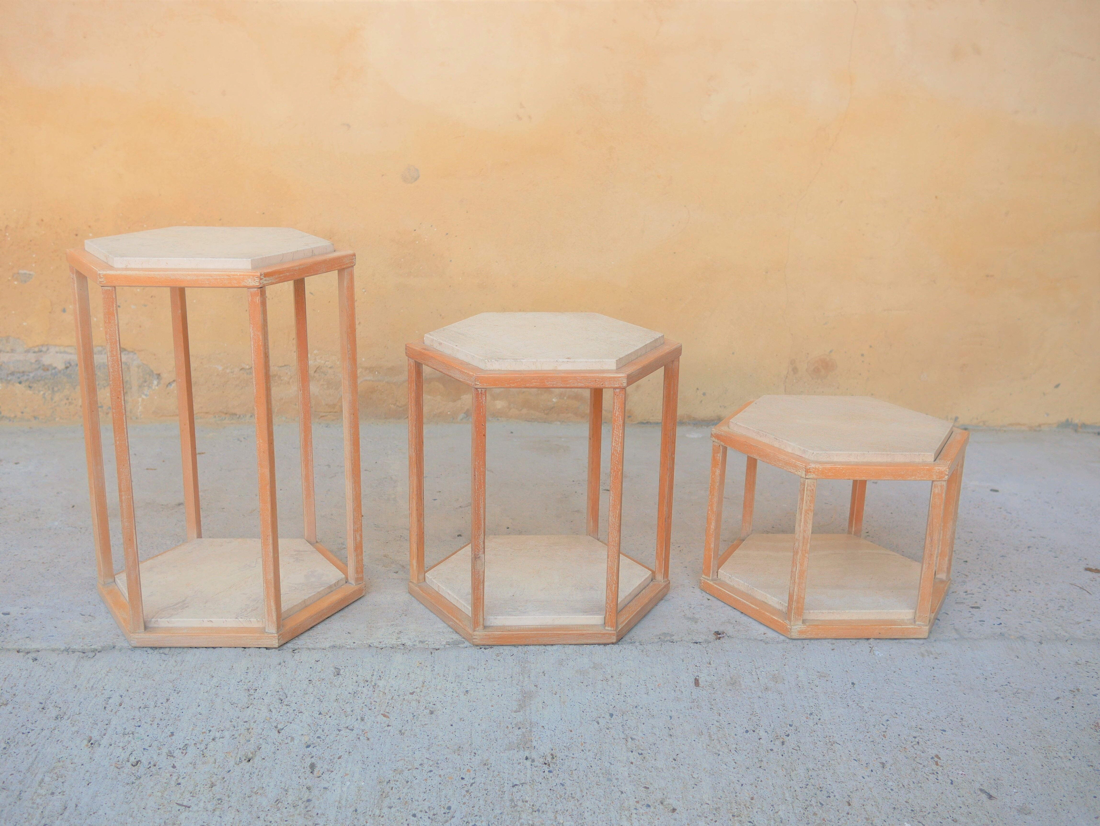 Series of 3 vintage coffee tables in travertine and wood by Roche Bobois editions