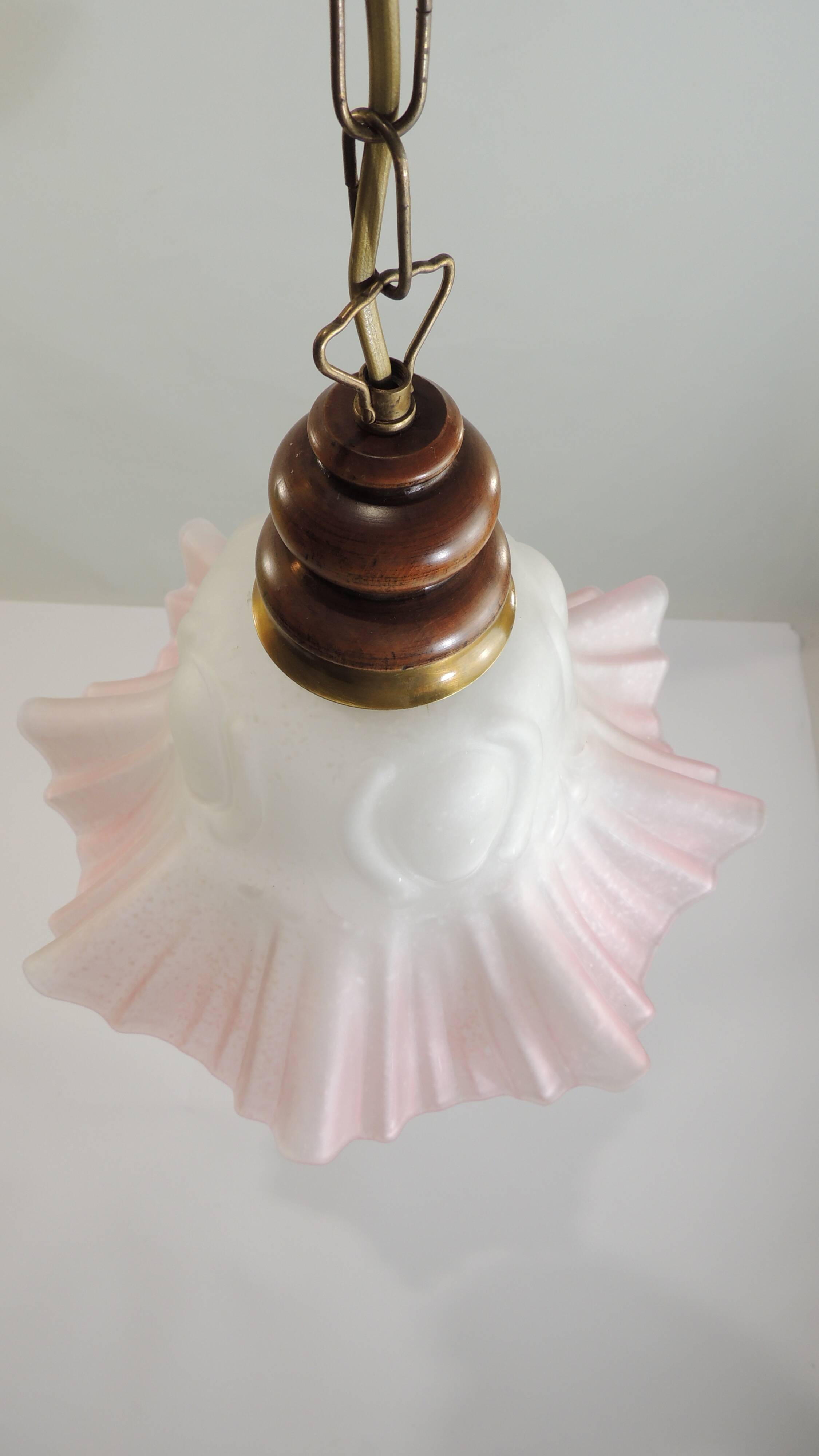 Vintage pink opaline glass pendant light – Art Deco tulip, brass and wood