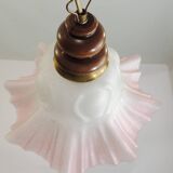 Vintage pink opaline glass pendant light – Art Deco tulip, brass and wood