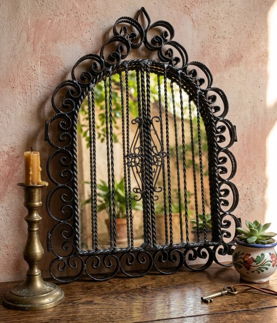 Vintage Black Wrought Iron Triptych Mirror