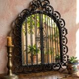 Vintage Black Wrought Iron Triptych Mirror