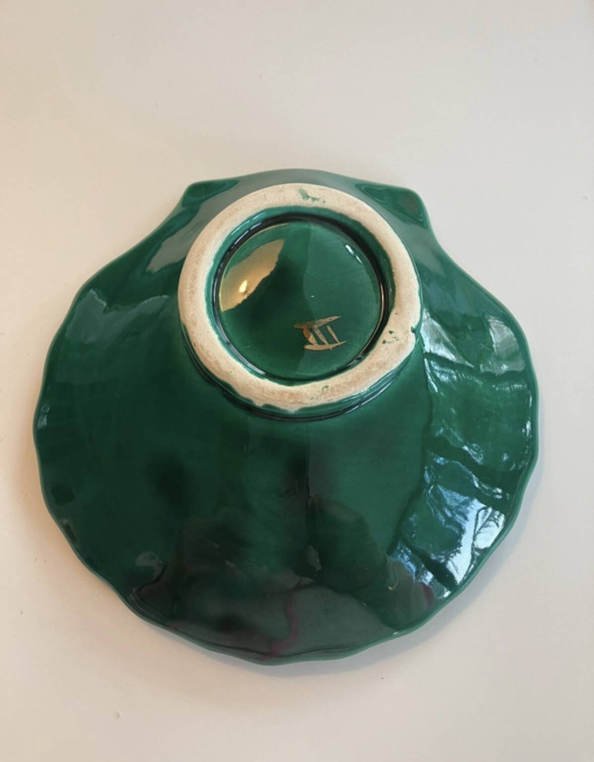 Green glazed ceramic scallop shell dish marked III