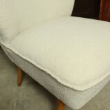Fauteuil club vintage expo '58 tapisserie boucle blanche entièrement rénovée salon style art déco