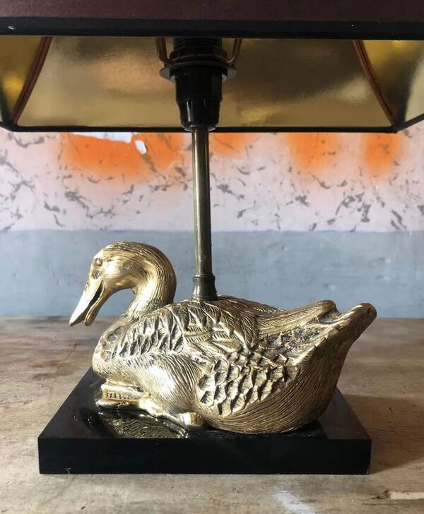 Lampe canard, lampe à poser canard bronze doré sur socle, lampe de salon