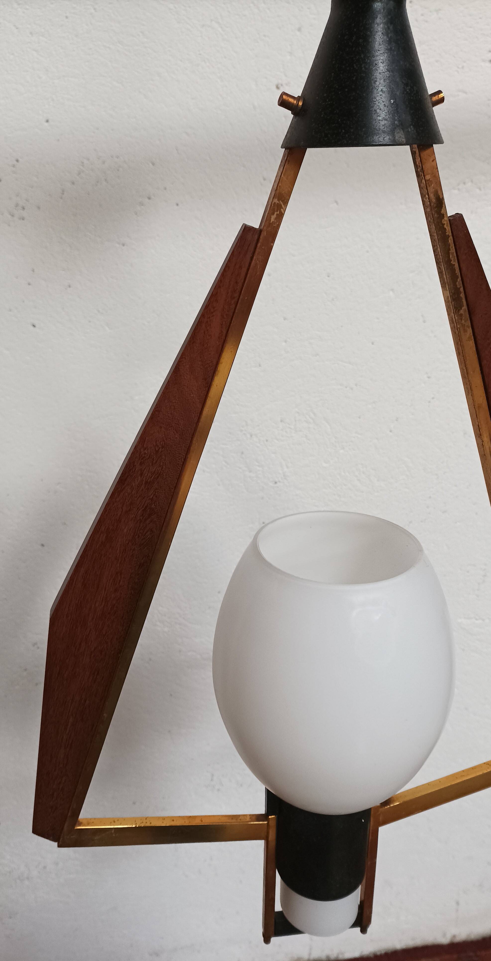 Teak, brass and opaline pendant light, Italy 1960