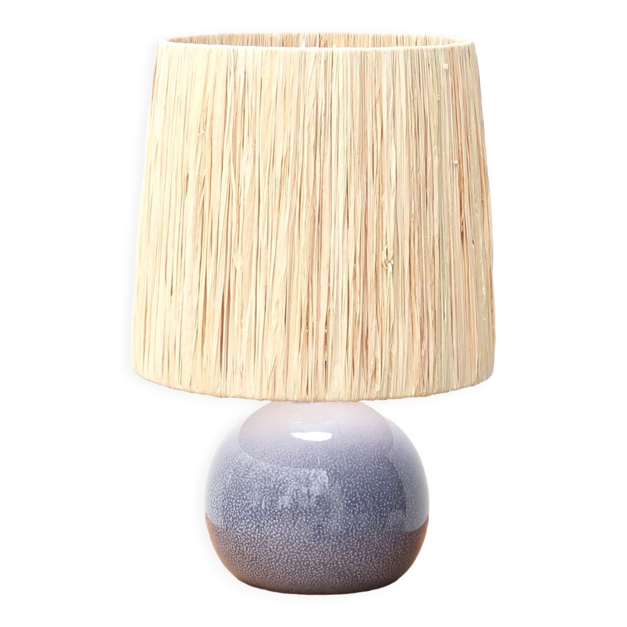 Lampe bleue en céramique, abat jour en raphia, années 70