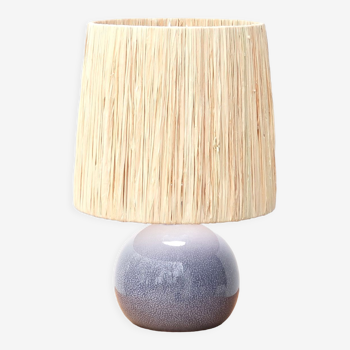 Blue ceramic lamp, raffia lampshade, 1970s