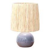 Blue ceramic lamp, raffia lampshade, 1970s