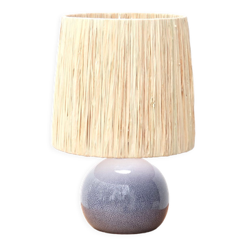 Blue ceramic lamp, raffia shade, 1970s.