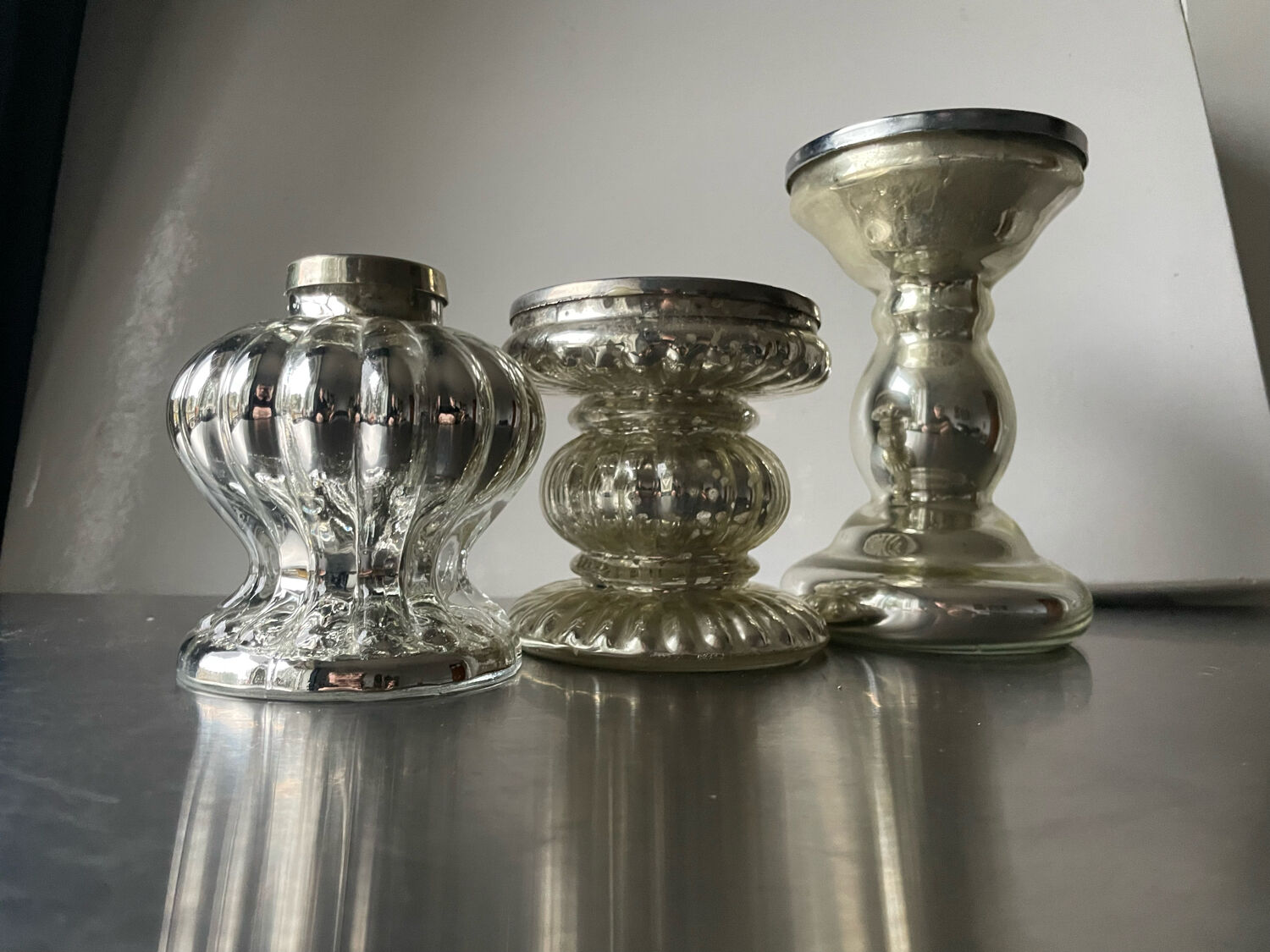 Set of 3 vintage mercury glass candleholders