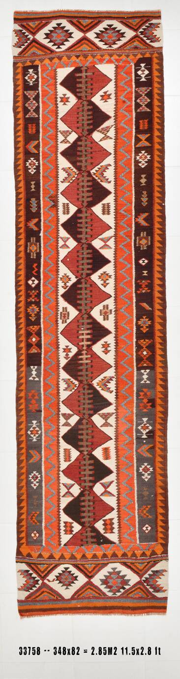 Orange & Brown Vintage Kilim Runner Rug, Oriental Pattern Hallway Carpet