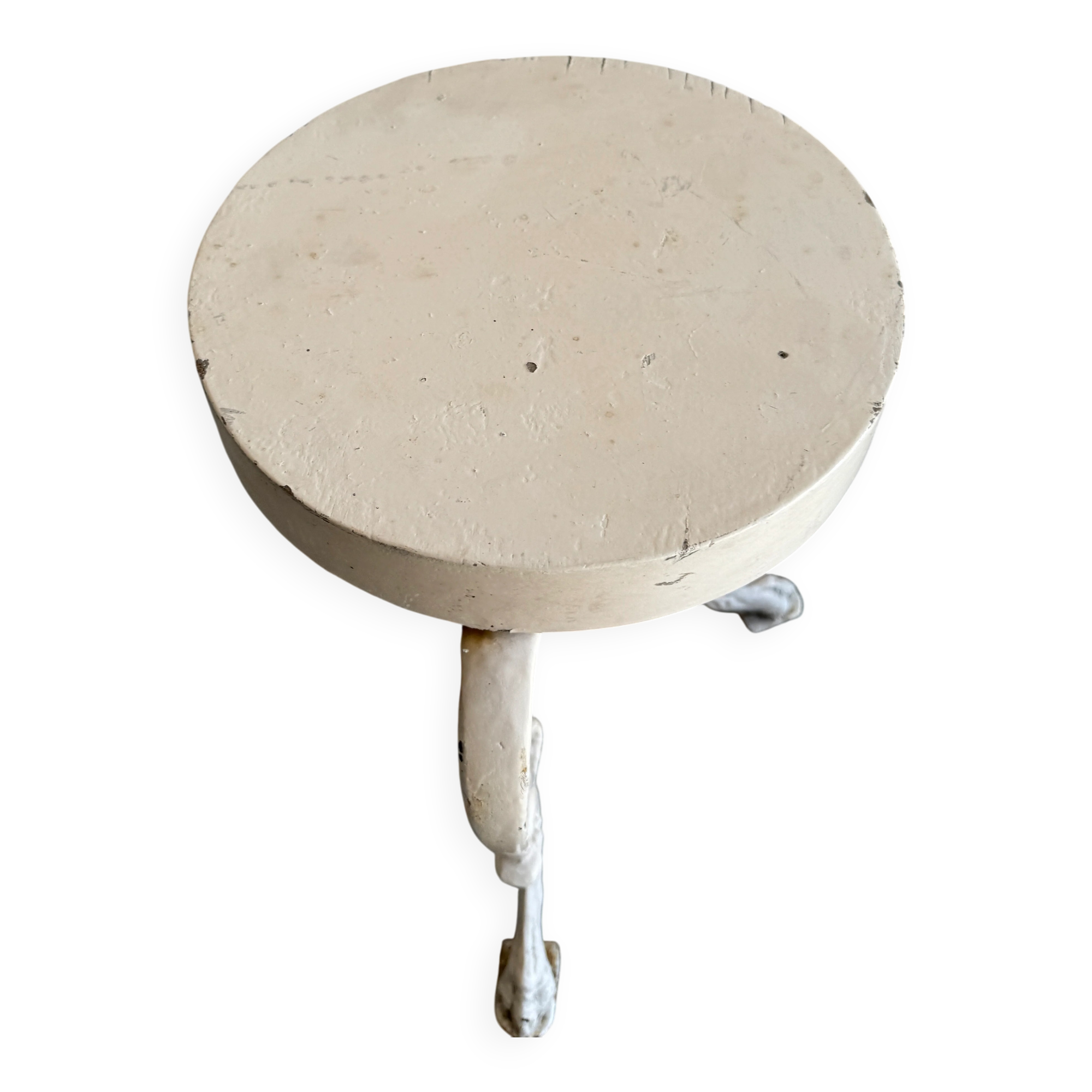 Pair of cream-white cast iron side tables with wooden tops — neoclassical shabby-chic
