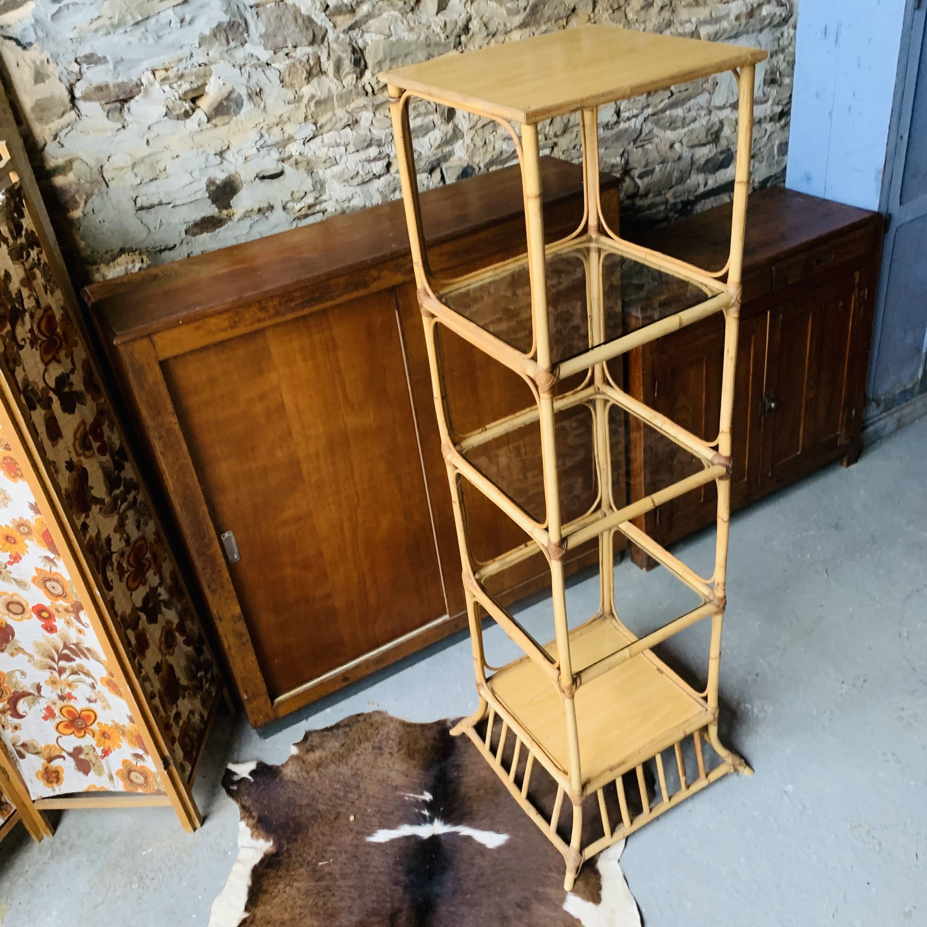 Vintage rattan and glass shelf